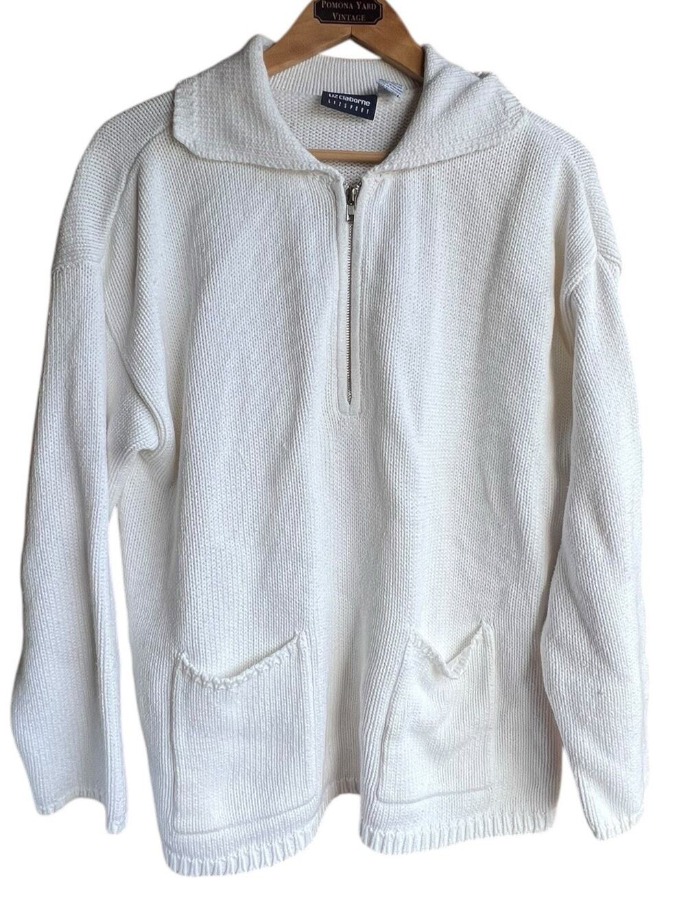 Vintage Liz Claiborne Womens Sweater Size M Ivory 1/4 Zip Pullover Knit 100% Cot